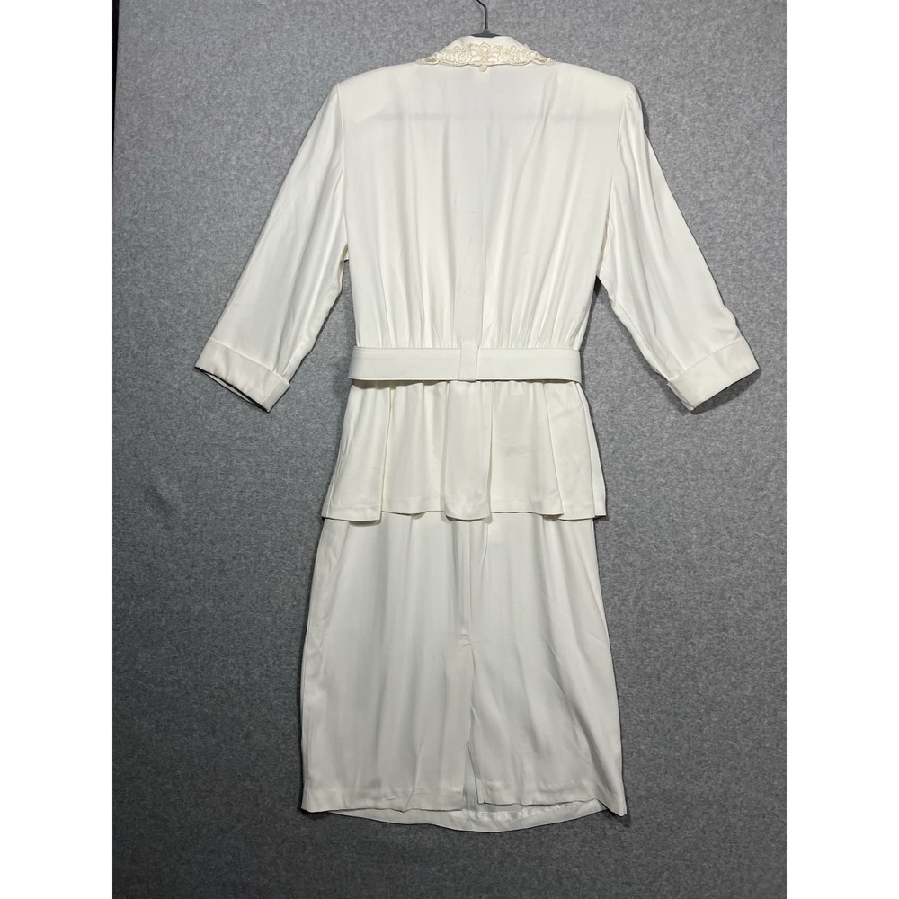 Vintage Ivory Belted Peplum Dress Lace Trim Secretary Bridal Occasion Midi - Picture 10 of 14